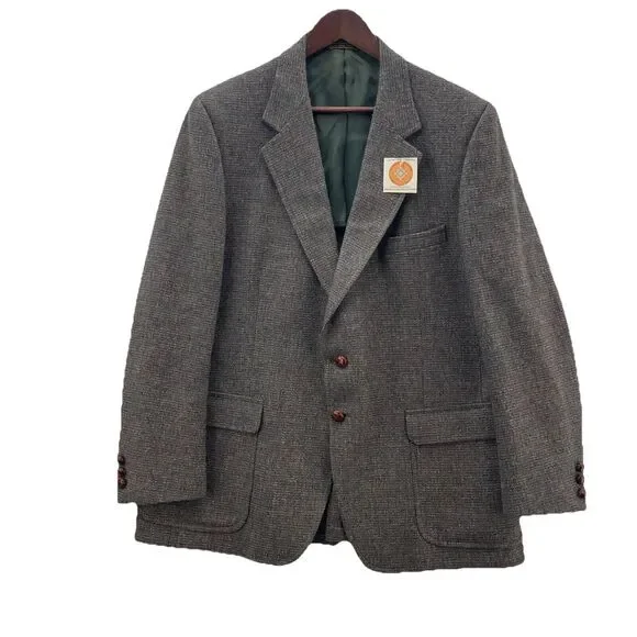Vintage Kingsridge Tweed Blazer Mens 44R Wool Preppy Academia Leather Button USA - Picture 1 of 12